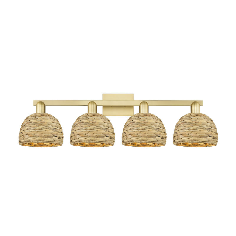 Innovations Woven Rattan 35in 4-Light Bath Vanity | Industrial Satin Gold Steel and Natural Fiber Dome Shades | Bathroom & | Model 716-4W-SG-RBD-8-NAT
