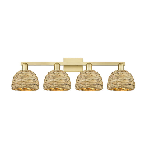 Innovations Woven Rattan 35in 4-Light Bath Vanity | Industrial Satin Gold Steel and Natural Fiber Dome Shades | Bathroom & | Model 716-4W-SG-RBD-8-NAT