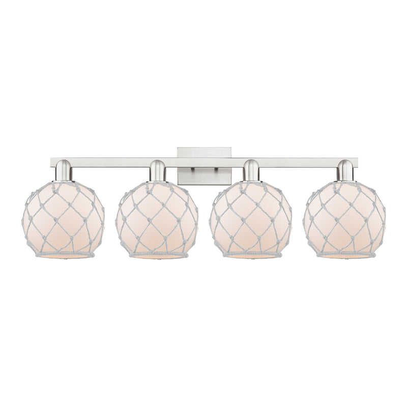Innovations Farmhouse Rope 35in 4-Light Bath Vanity Light | Industrial Brushed Satin Nickel and White Frosted Glass Rope Shade | Model 716-4W-SN-G121-8RW