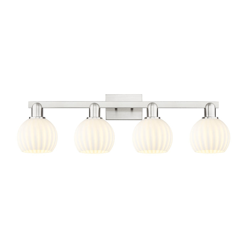Innovations Lighting White Venetian 33in 4-Light Bath Vanity Light | Industrial Brushed Satin Nickel and White Venetian Glass | Model 716-4W-SN-G1217-6WV