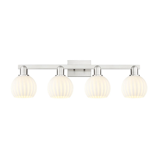 Innovations Lighting White Venetian 33in 4-Light Bath Vanity Light | Industrial Brushed Satin Nickel and White Venetian Glass | Model 716-4W-SN-G1217-6WV
