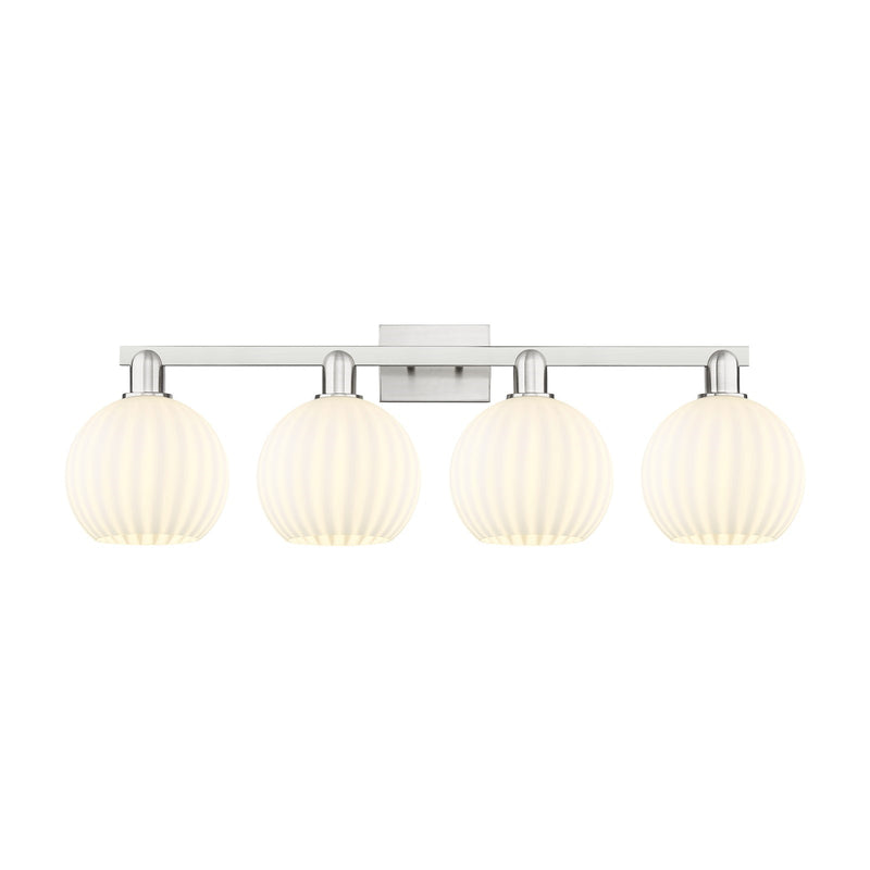 Innovations Lighting White Venetian 35in 4-Light Bath Vanity Light | Industrial Brushed Satin Nickel and White Venetian Glass | Model 716-4W-SN-G1217-8WV