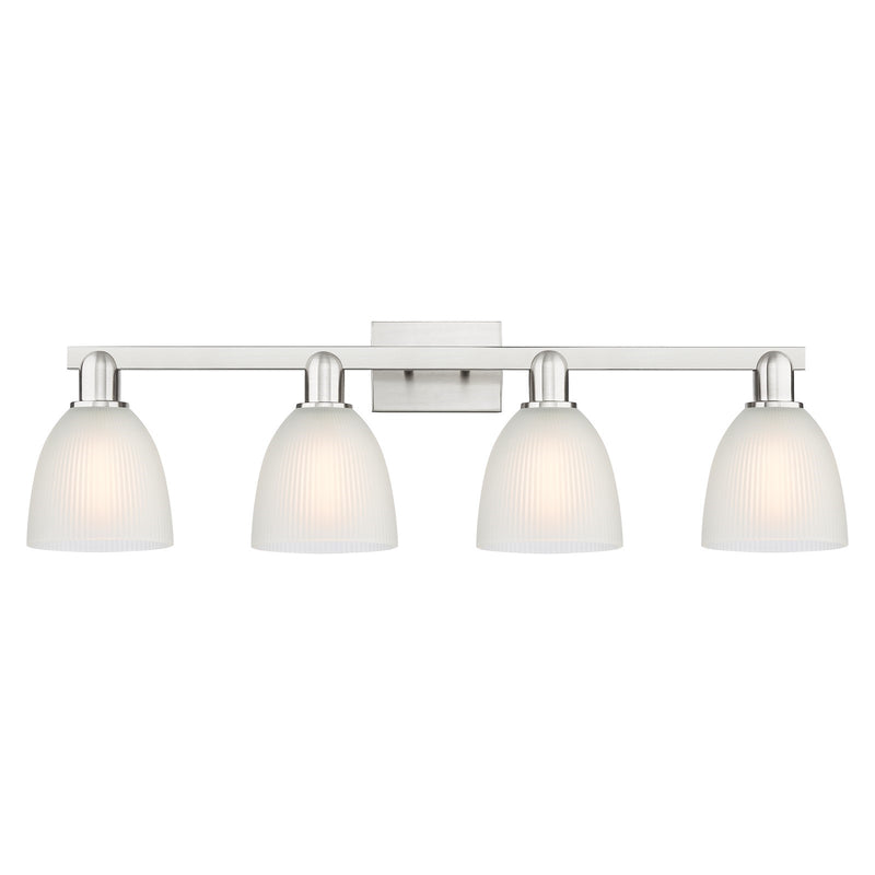 Innovations Castile 33in 4-Light Bath Vanity | Industrial Brushed Satin Nickel and White Glass | Bathroom Vanity Light | Model 716-4W-SN-G381