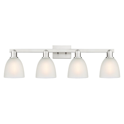 Innovations Castile 33in 4-Light Bath Vanity | Industrial Brushed Satin Nickel and White Glass | Bathroom Vanity Light | Model 716-4W-SN-G381