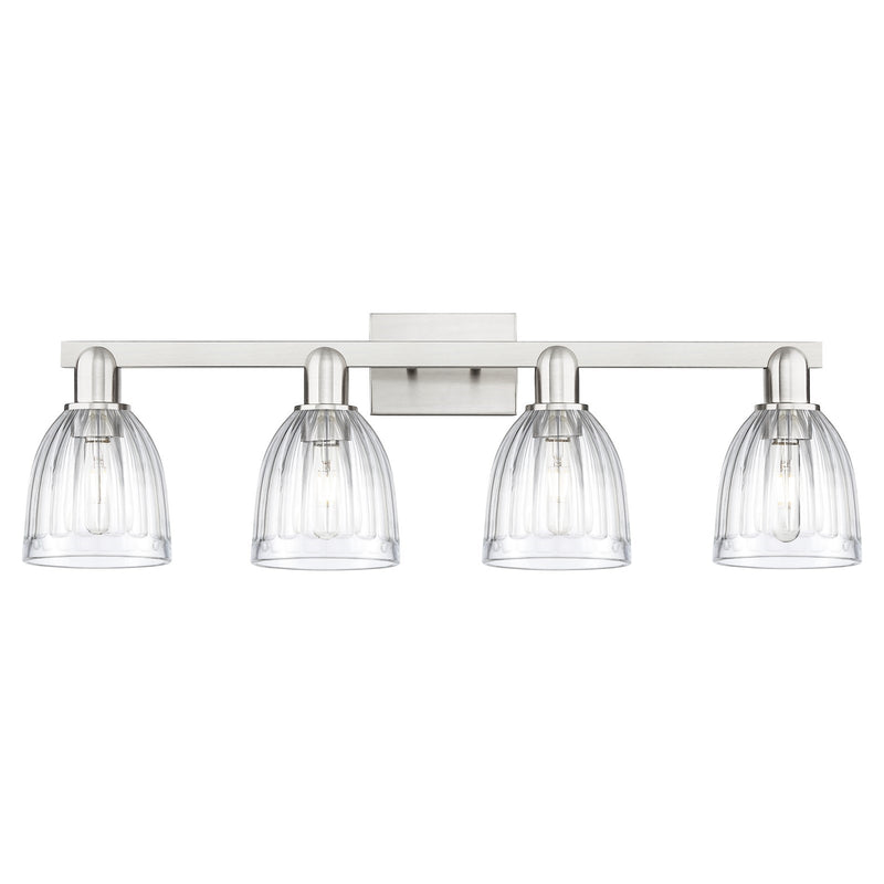 Innovations Brookfield 33in 4-Light Bath Vanity Light | Industrial Brushed Satin Nickel and Clear Ribbed Glass | Bathroom Vanity | Model 716-4W-SN-G442