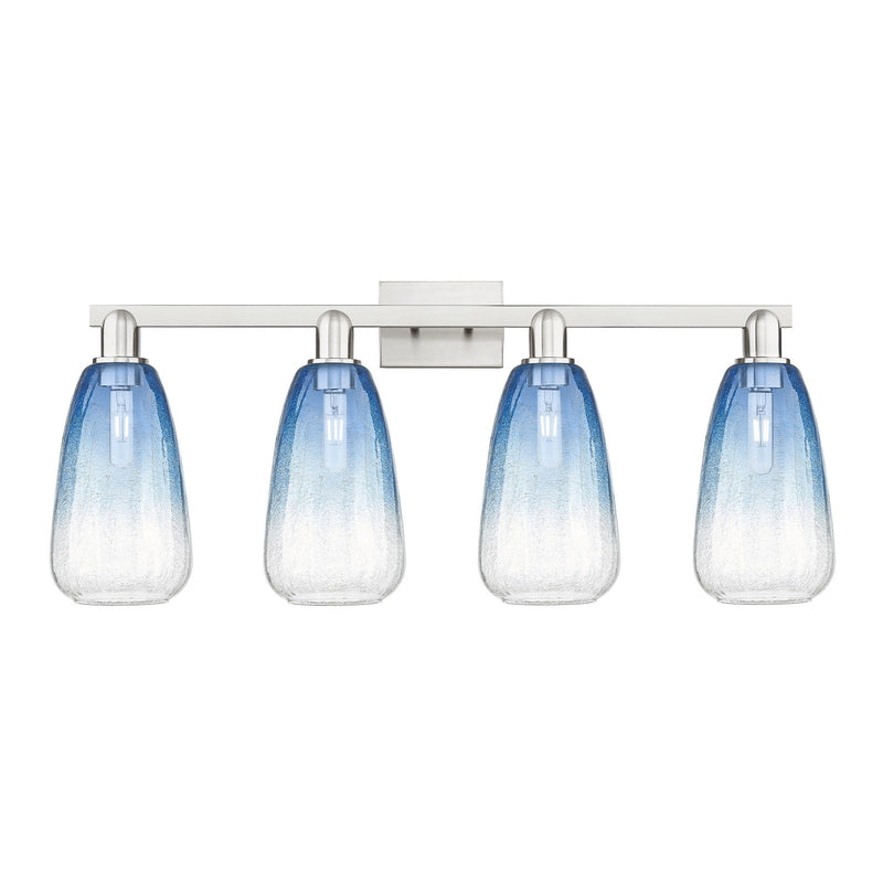 Innovations Brookhaven Almond 36in 4-Light Bath Vanity Light | Industrial Brushed Satin Nickel and Sapphire Blue Glass | Model 716-4W-SN-G480-6SB