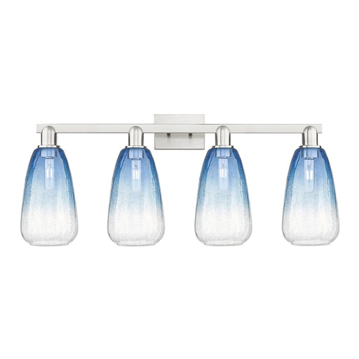 Innovations Brookhaven Almond 36in 4-Light Bath Vanity Light | Industrial Brushed Satin Nickel and Sapphire Blue Glass | Model 716-4W-SN-G480-6SB
