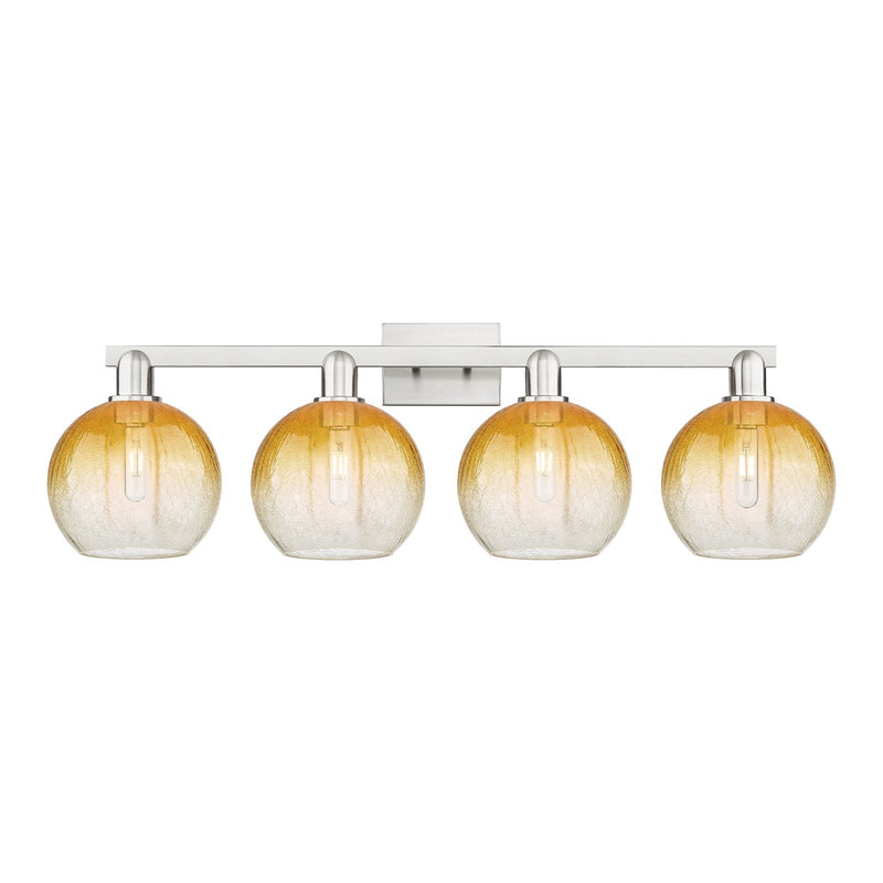 Innovations Brookhaven Globe 35in 4-Light Bath Vanity Light | Industrial Brushed Satin Nickel and Amber Glass | Bathroom Vanity | Model 716-4W-SN-G483-8AM