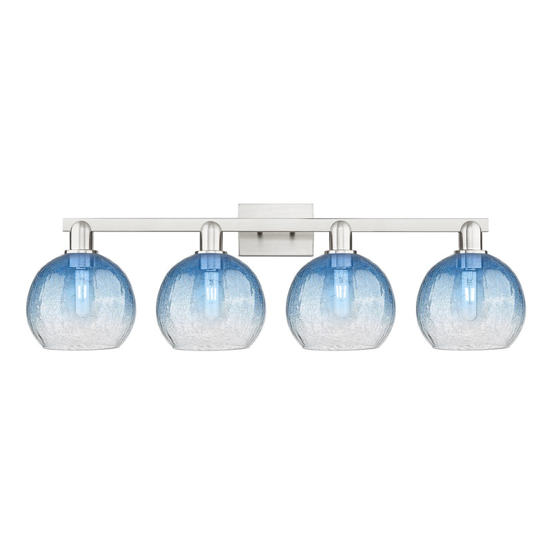 Innovations Brookhaven Globe 35in 4-Light Bath Vanity Light | Industrial Brushed Satin Nickel and Sapphire Blue Glass | Model 716-4W-SN-G483-8SB