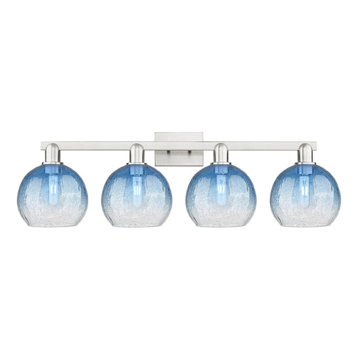 Innovations Brookhaven Globe 35in 4-Light Bath Vanity Light | Industrial Brushed Satin Nickel and Sapphire Blue Glass | Model 716-4W-SN-G483-8SB