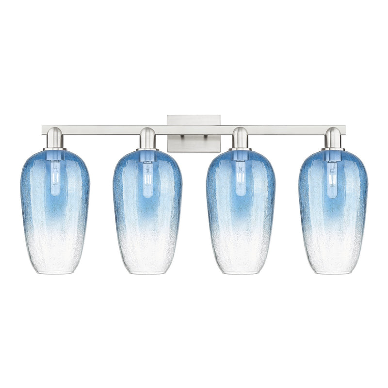 Innovations Brookhaven Flute 34in 4-Light Bath Vanity Light | Industrial Brushed Satin Nickel and Sapphire Blue Glass | Model 716-4W-SN-G484-7SB