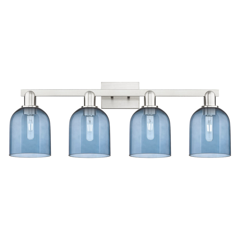 Innovations Bella 33in 4-Light Bath Vanity Light | Industrial Brushed Satin Nickel and Blue Glass | Bathroom Vanity | Model 716-4W-SN-G558-6BL