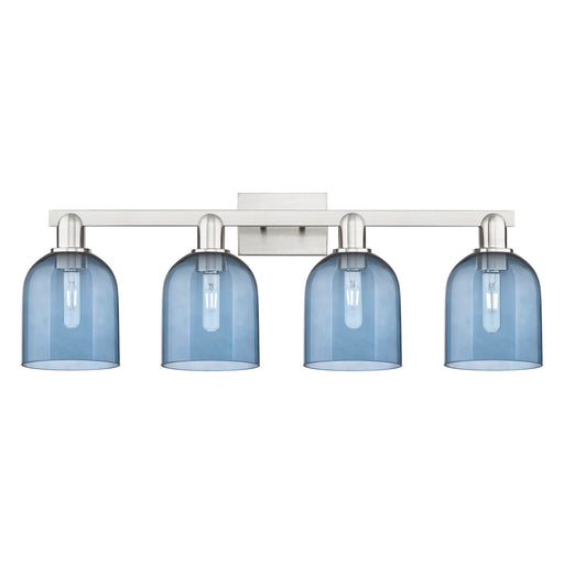 Innovations Bella 33in 4-Light Bath Vanity Light | Industrial Brushed Satin Nickel and Blue Glass | Bathroom Vanity | Model 716-4W-SN-G558-6BL