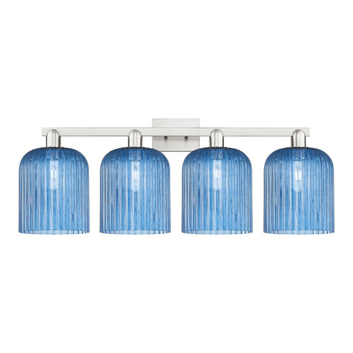 Innovations Bridal Veil 35in 4-Light Bath Vanity Light | Industrial Brushed Satin Nickel and Princess Blue Ribbed Glass | Model 716-4W-SN-G559-8BL