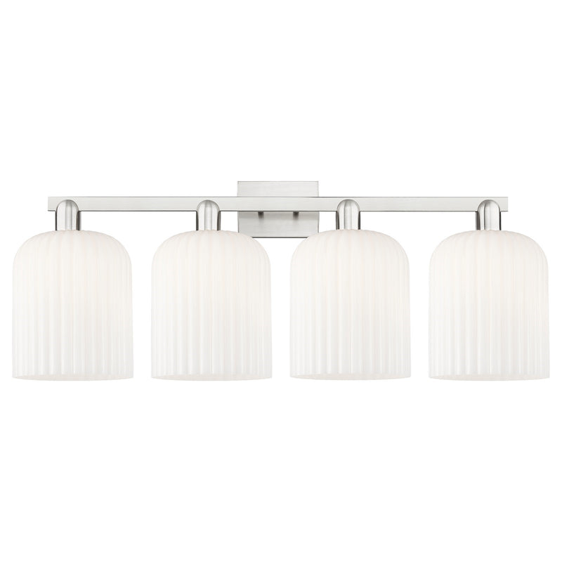 Innovations Bridal Veil 35in 4-Light Bath Vanity Light | Industrial Brushed Satin Nickel and Gloss White Ribbed Glass | Model 716-4W-SN-G559-8GWH