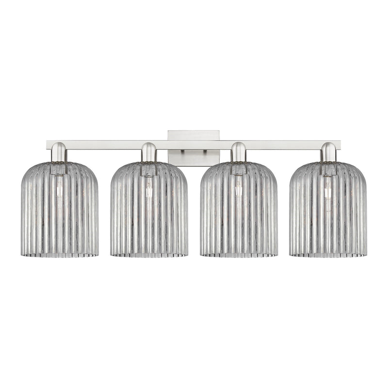 Innovations Bridal Veil 35in 4-Light Bath Vanity | Industrial Transitional Brushed Satin Nickel and Light Smoke Ribbed Glass | Model 716-4W-SN-G559-8SM