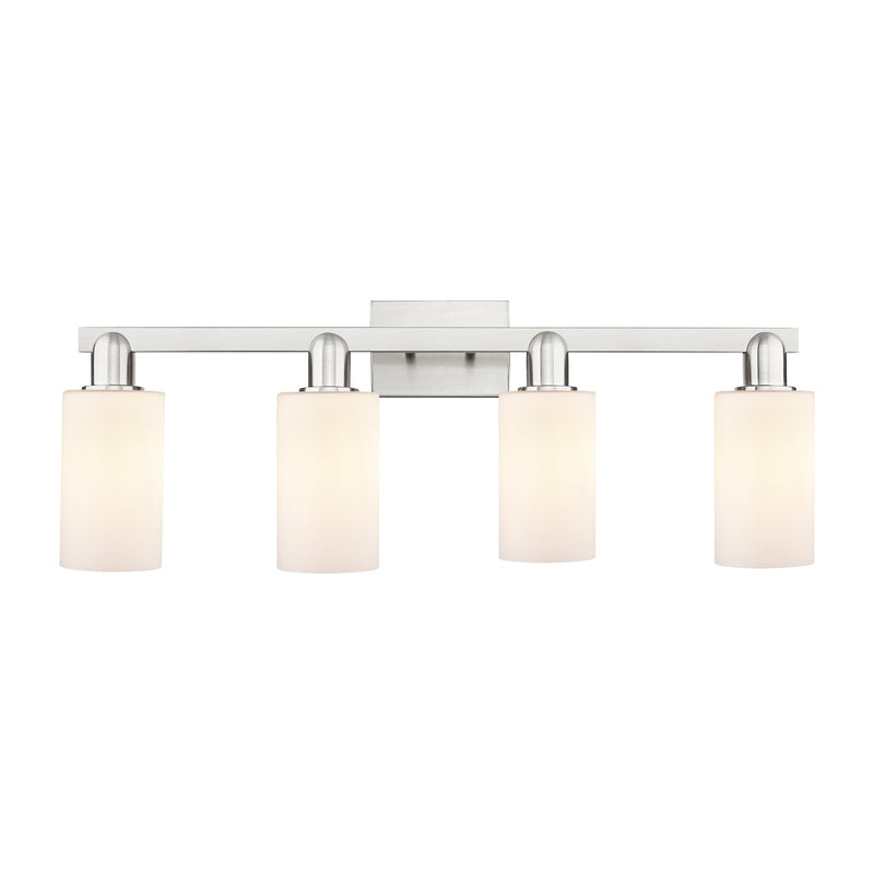 Innovations Clymer 31in 4-Light Bath Vanity Light | Industrial Brushed Satin Nickel Steel and Matte White Glass | Bathroom Vanity | Model 716-4W-SN-G801