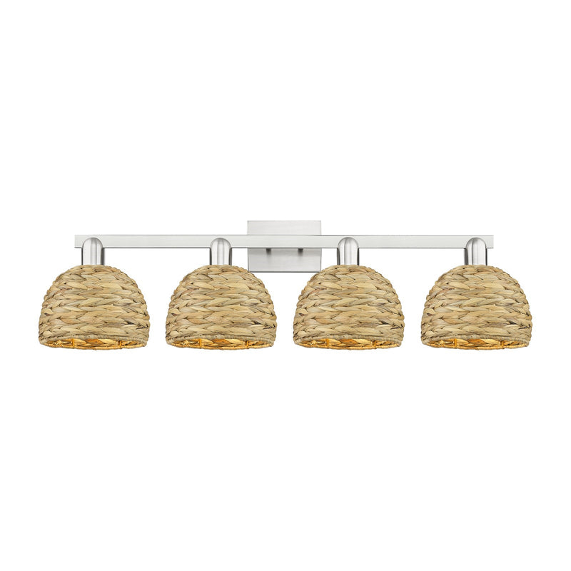 Innovations Woven Rattan 35in 4-Light Bath Vanity Light | Industrial Brushed Satin Nickel and Natural Fiber Dome Shade | Model 716-4W-SN-RBD-8-NAT