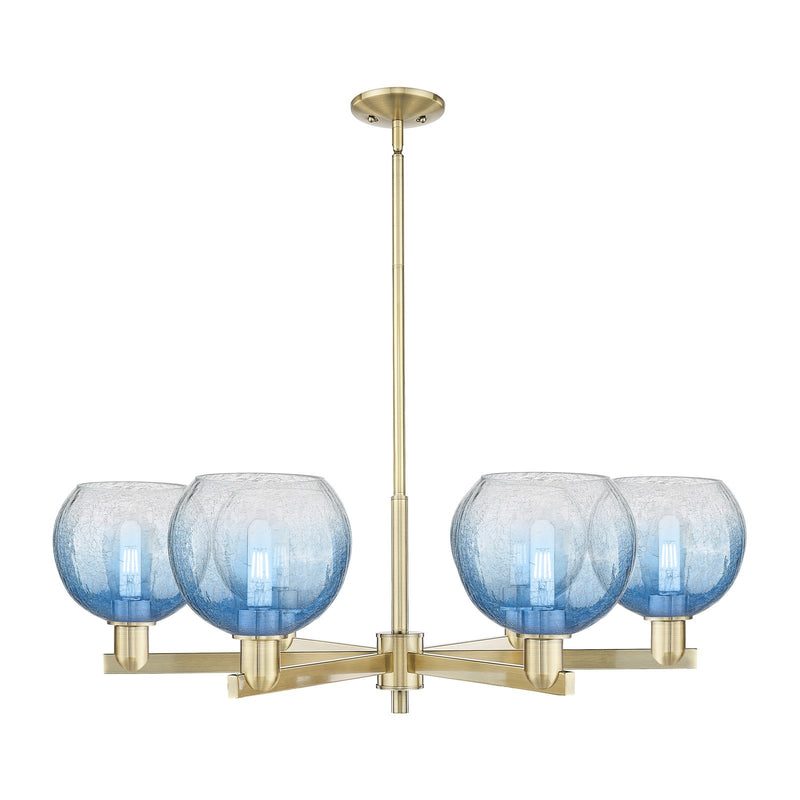 Innovations Brookhaven Globe 38in 6-Light Chandelier | Industrial Antique Brass and Sapphire Blue Glass | Dining Room & Living | Model 716-6CR-AB-G483-8SB