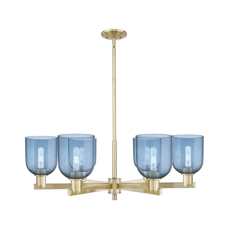 Innovations Bella 35in 6-Light Chandelier | Industrial Antique Brass and Blue Glass | Kitchen Island & Dining Room | Model 716-6CR-AB-G558-6BL