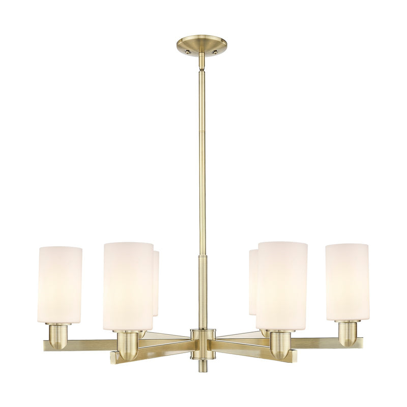 Innovations Clymer 34in 6-Light Chandelier | Industrial Antique Brass Steel and Matte White Glass | Kitchen Island & Dining Room | Model 716-6CR-AB-G801