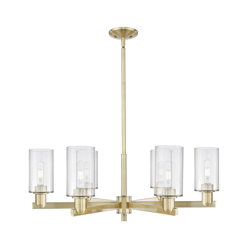 Innovations Clymer 34in 6-Light Chandelier | Industrial Antique Brass Steel and Clear Glass | Dining Room & Living Room | Model 716-6CR-AB-G802