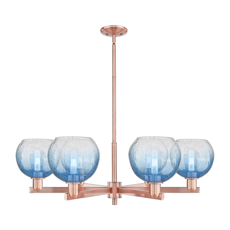 Innovations Brookhaven Globe 37.75in 6-Light Chandelier | Industrial Antique Copper Steel and Sapphire Blue Glass | Dining | Model 716-6CR-AC-G483-8SB