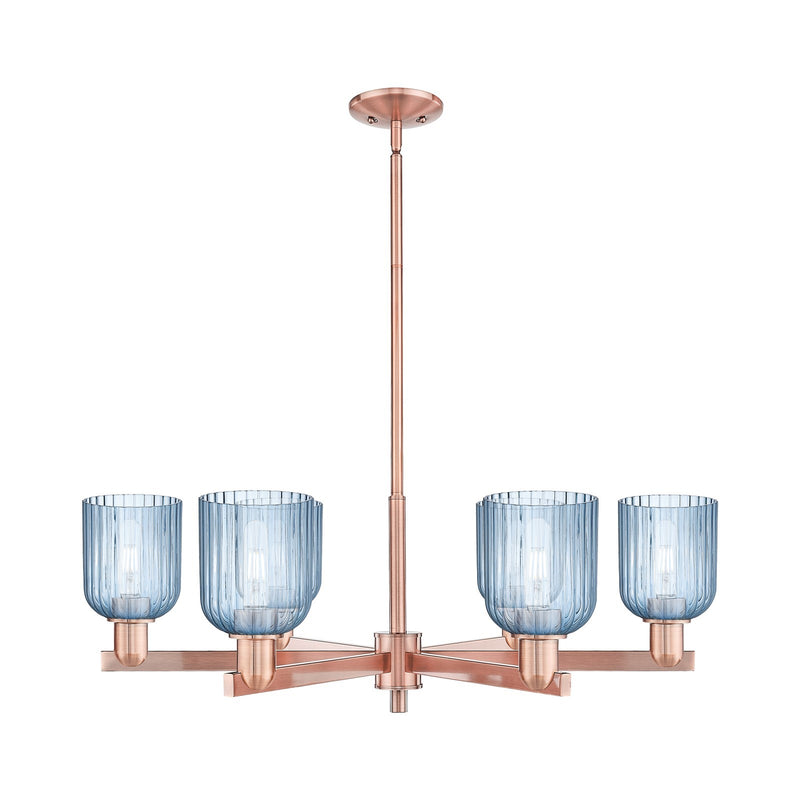 Innovations Bridal Veil 34.75in 6-Light Chandelier | Industrial Antique Copper Steel and Princess Blue Ribbed Glass | Dining | Model 716-6CR-AC-G559-5BL