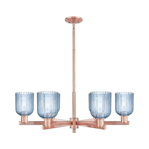 Innovations Bridal Veil 34.75in 6-Light Chandelier | Industrial Antique Copper Steel and Princess Blue Ribbed Glass | Dining | Model 716-6CR-AC-G559-5BL