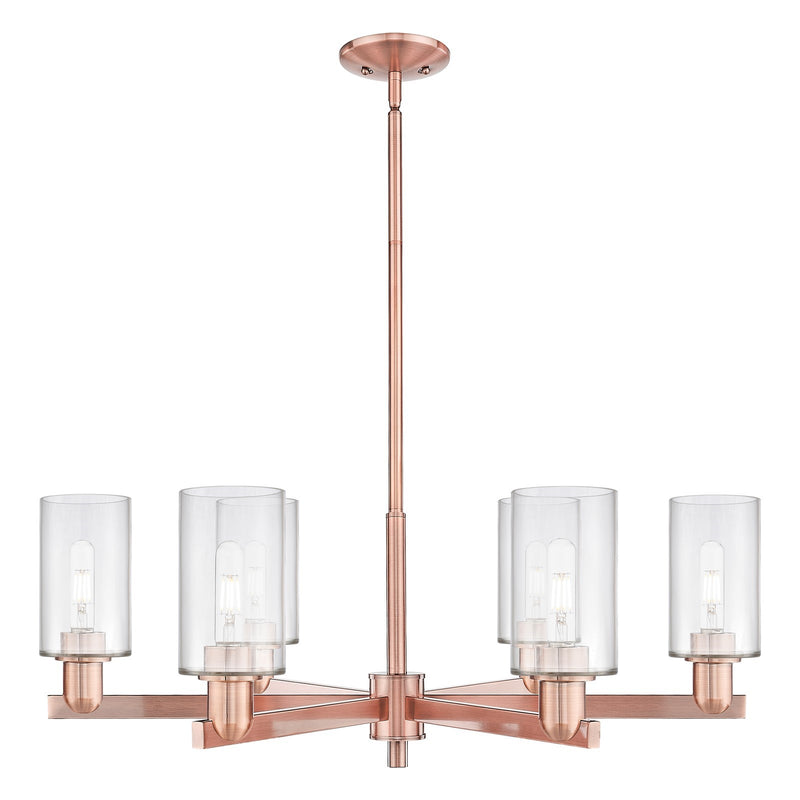 Innovations Clymer 34in 6-Light Chandelier | Industrial Antique Copper Steel and Clear Glass | Dining Room & Living Room | Model 716-6CR-AC-G802