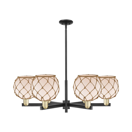 Innovations Farmhouse Rope 38in 6-Light Chandelier | Industrial Black Antique Brass and White Frosted Glass with Brown Rope | Model 716-6CR-BAB-G121-8RB