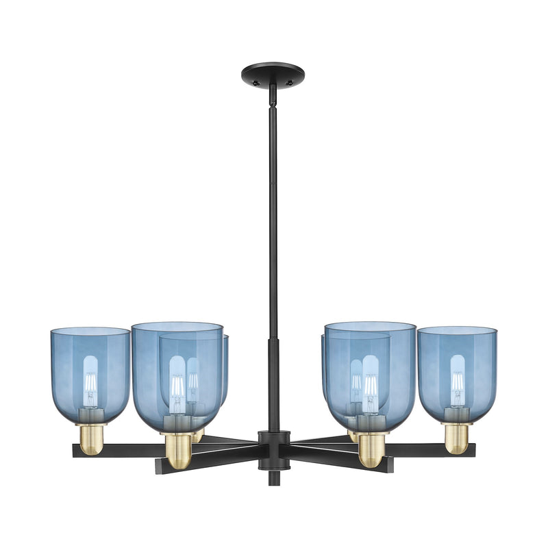 Innovations Bella 35in 6-Light Chandelier | Industrial Black Antique Brass and Blue Glass | Kitchen Island & Dining Room | Model 716-6CR-BAB-G558-6BL