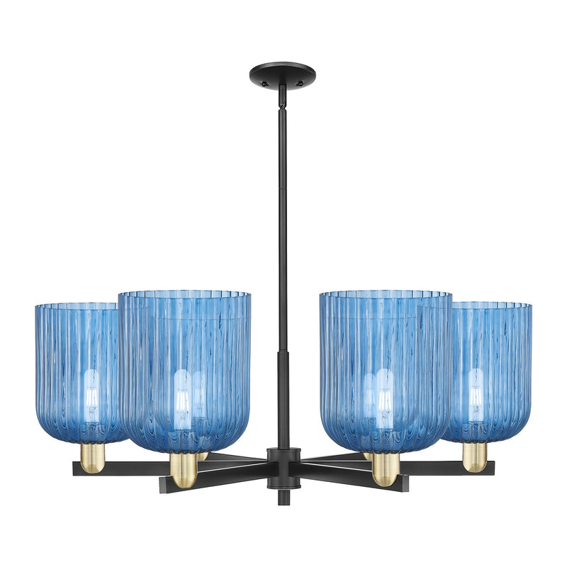 Innovations Bridal Veil 38in 6-Light Chandelier | Industrial Black Antique Brass and Princess Blue Ribbed Glass | Kitchen | Model 716-6CR-BAB-G559-8BL