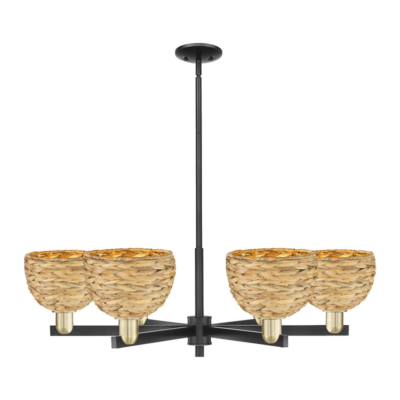 Innovations Arcadia 38in 6-Light Chandelier | Industrial Black Antique Brass and Natural Woven Rattan | Dining Room & Living | Model 716-6CR-BAB-RBD-8-NAT