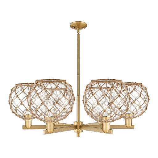 Innovations Farmhouse Rope 40in 6-Light Chandelier | Industrial Brushed Brass Steel and Clear Glass with Brown Rope | Kitchen | Model 716-6CR-BB-G122-10RB