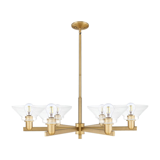 Innovations Orwell 38in 6-Light Chandelier | Industrial Brushed Brass and Clear Glass | Dining Room & Living Room | Model 716-6CR-BB-G132