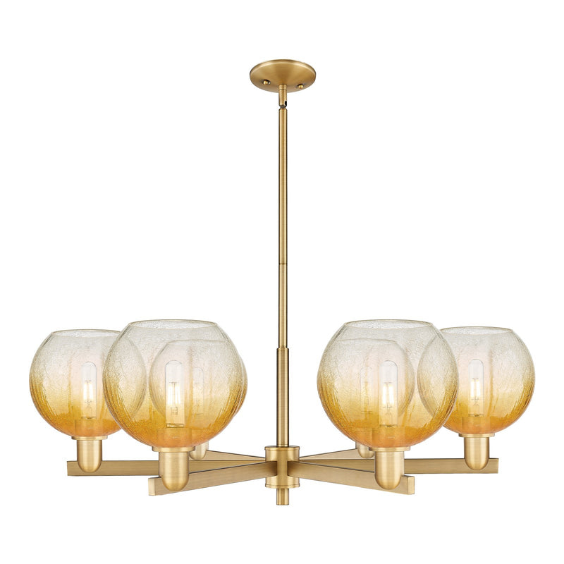 Innovations Brookhaven Globe 38in 6-Light Chandelier | Industrial Brushed Brass Steel and Amber Glass | Kitchen Island & | Model 716-6CR-BB-G483-8AM