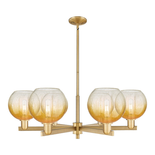 Innovations Brookhaven Globe 38in 6-Light Chandelier | Industrial Brushed Brass Steel and Amber Glass | Kitchen Island & | Model 716-6CR-BB-G483-8AM