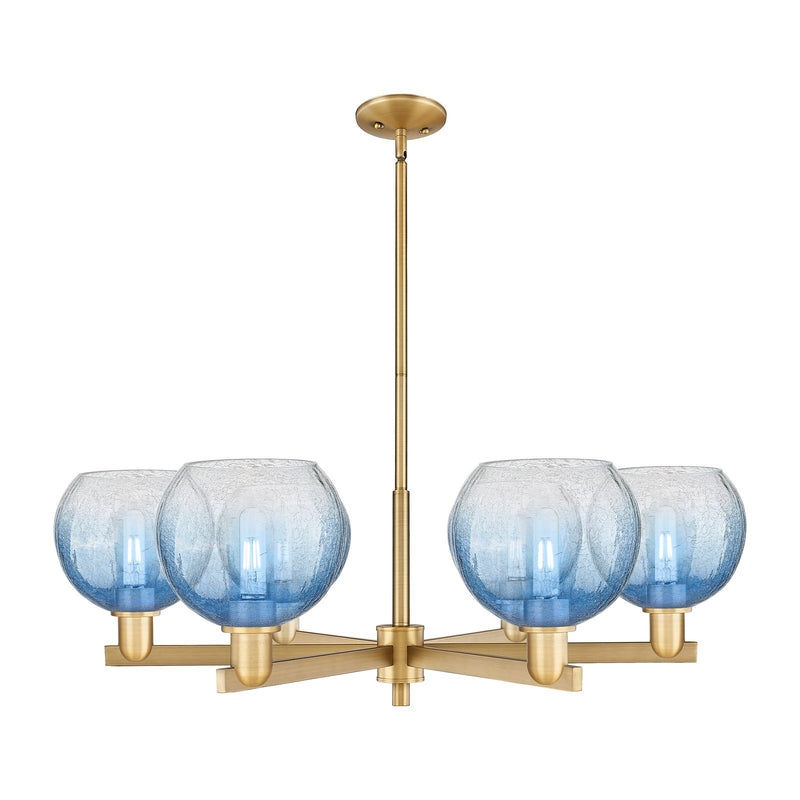 Innovations Brookhaven Globe 37.75in 6-Light Chandelier | Industrial Brushed Brass and Sapphire Blue Glass | Kitchen Island & | Model 716-6CR-BB-G483-8SB