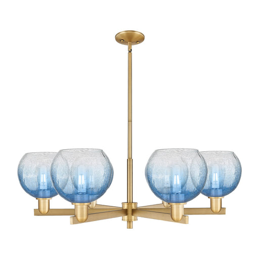 Innovations Brookhaven Globe 37.75in 6-Light Chandelier | Industrial Brushed Brass and Sapphire Blue Glass | Kitchen Island & | Model 716-6CR-BB-G483-8SB
