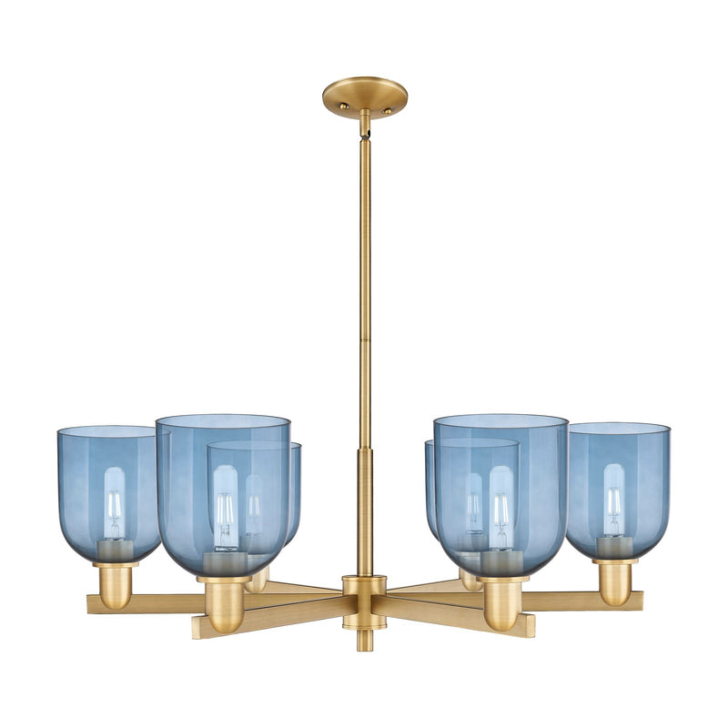 Innovations Bella 35in 6-Light Chandelier | Industrial Brushed Brass Steel and Blue Glass | Dining Room & Living Room | Model 716-6CR-BB-G558-6BL