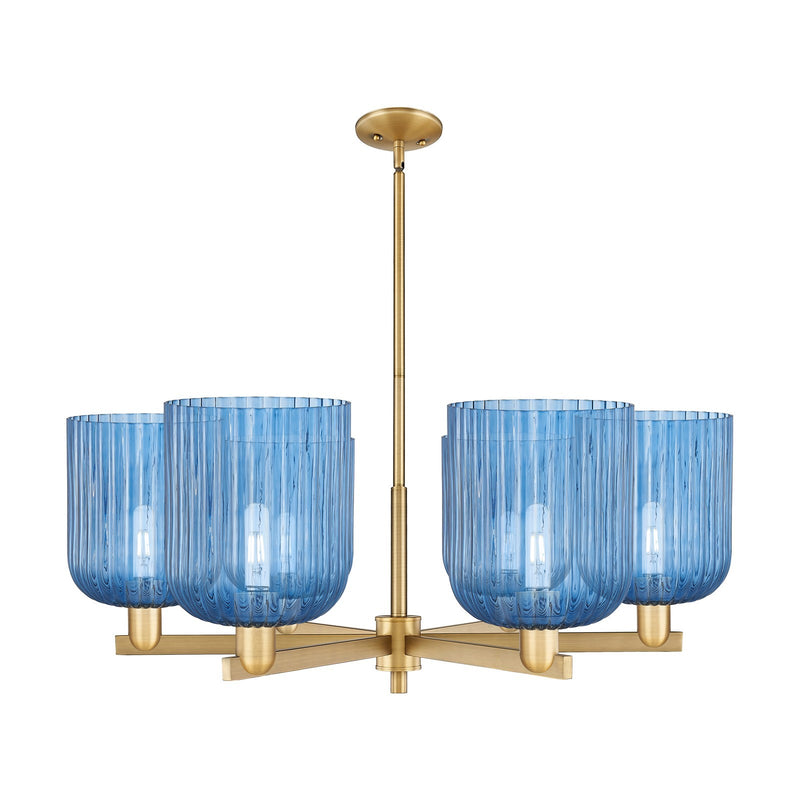 Innovations Bridal Veil 38in 6-Light Chandelier | Industrial Brushed Brass Steel and Princess Blue Glass | Dining Room & | Model 716-6CR-BB-G559-8BL