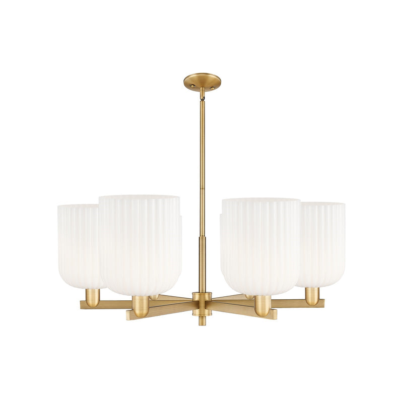 Innovations Bridal Veil 38in 6-Light Chandelier | Industrial Brushed Brass and Gloss White Ribbed Glass | Dining Room & | Model 716-6CR-BB-G559-8GWH