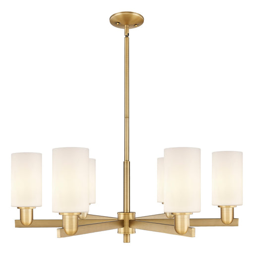 Innovations Clymer 34in 6-Light Chandelier | Industrial Brushed Brass Steel and Matte White Glass | Dining Room & Living Room | Model 716-6CR-BB-G801