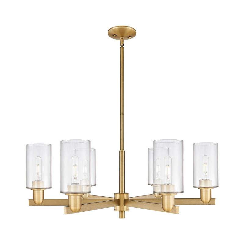 Innovations Clymer 34in 6-Light Chandelier | Industrial Brushed Brass and Clear Glass | Dining Room & Living Room | Model 716-6CR-BB-G802