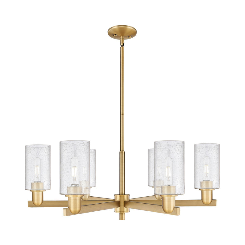 Innovations Clymer 34in 6-Light Chandelier | Industrial Brushed Brass and Seedy Glass | Kitchen Island & Dining Room | Model 716-6CR-BB-G804