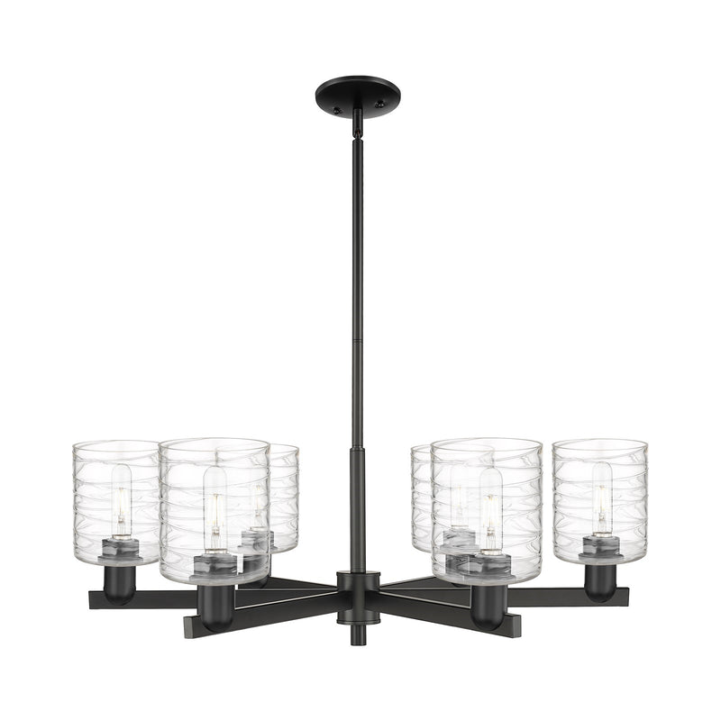 Innovations Cobbleskill 35in 6-Light Chandelier | Industrial Matte Black Steel and Deco Swirl Glass | Dining Room & Living Room | Model 716-6CR-BK-G1113