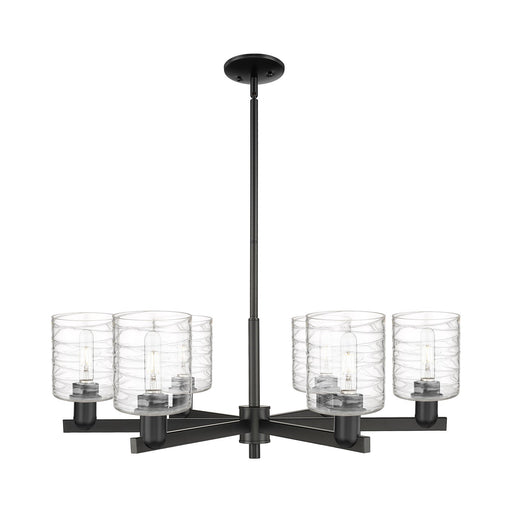 Innovations Cobbleskill 35in 6-Light Chandelier | Industrial Matte Black Steel and Deco Swirl Glass | Dining Room & Living Room | Model 716-6CR-BK-G1113
