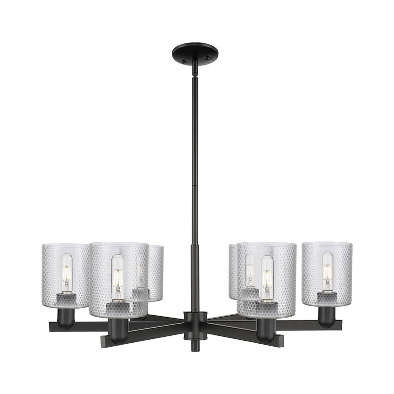 Innovations Cobbleskill 35in 6-Light Chandelier | Industrial Matte Black Steel and Clear Glass Drum Shade | Dining Room & Living | Model 716-6CR-BK-G112