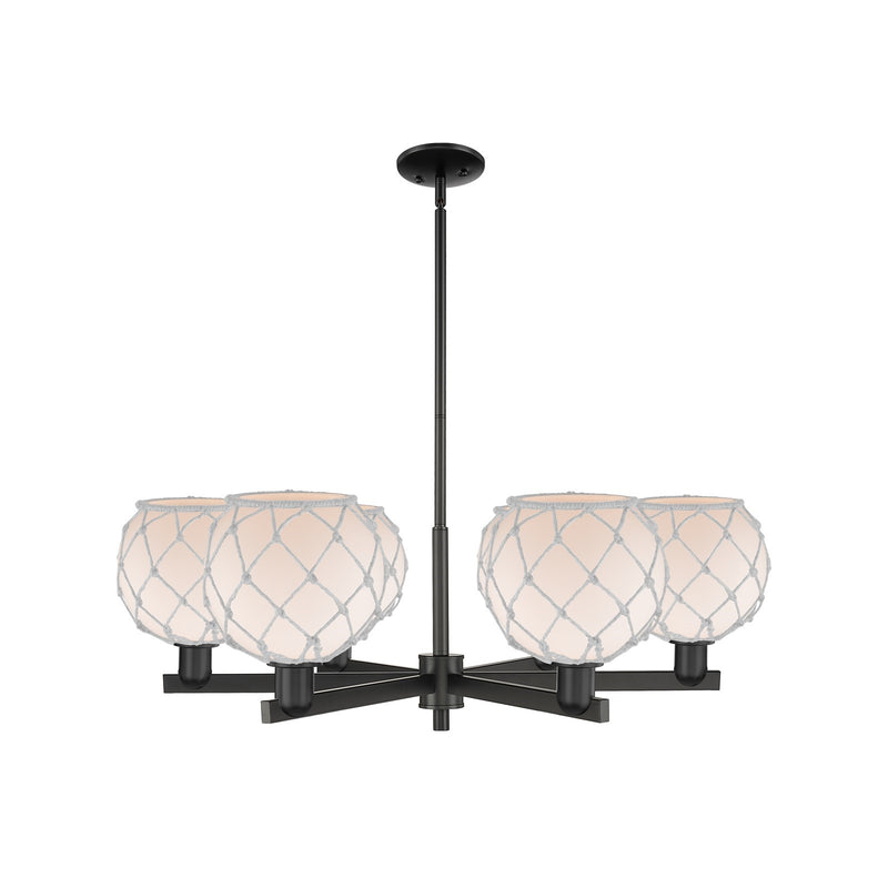Innovations Farmhouse Rope 38in 6-Light Chandelier | Industrial Matte Black Steel and White Frosted Glass Rope Shade | Dining | Model 716-6CR-BK-G121-8RW